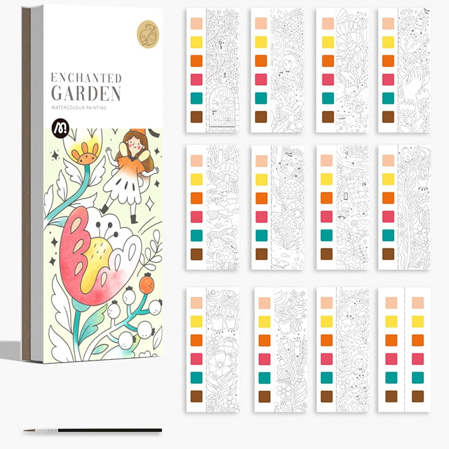 Water Colouring Book with Paint & Brush - 12 Paintings